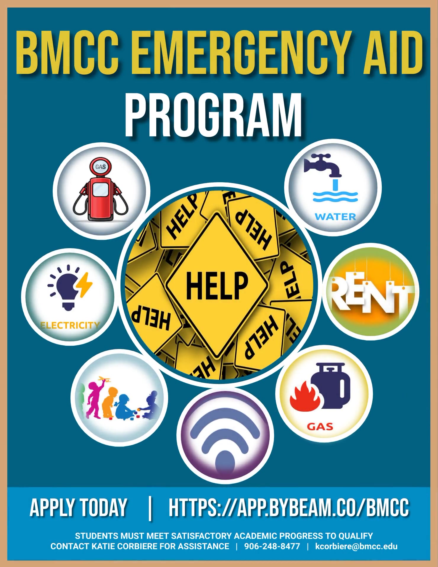 Flyer for Emergency Aid Program, contact Katie Corbiere kcorbier@bmcc.edu