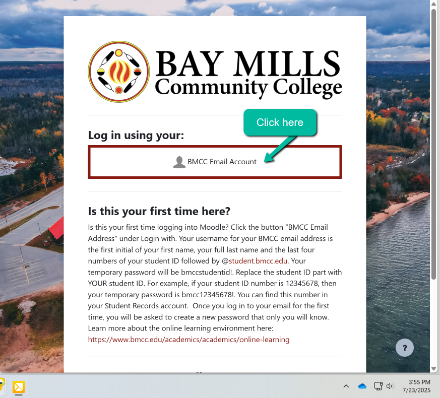 Screenshot image of the Moodle login page instructing users to click on the "BMCC Email Account" button
