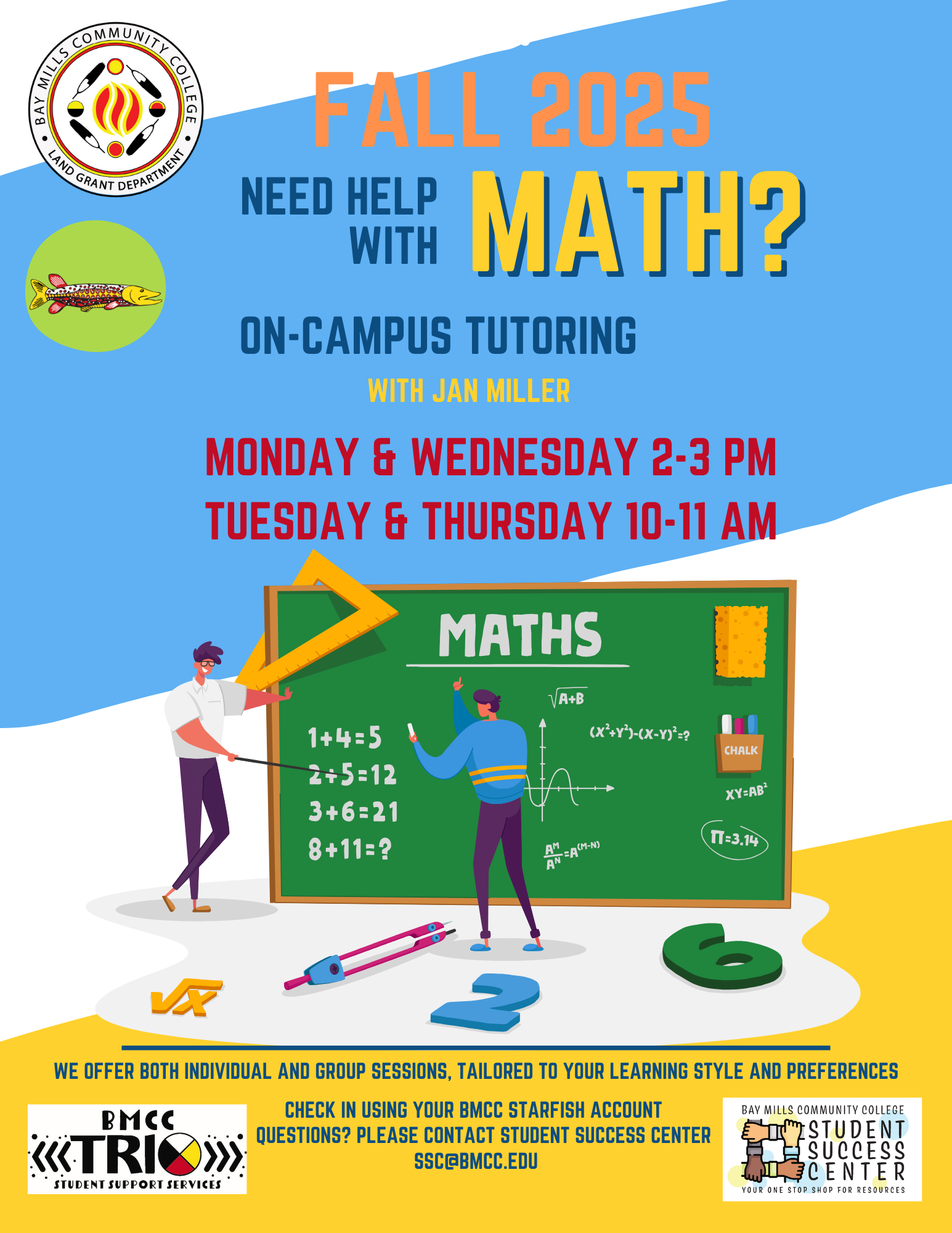 BMCC logo. BMCC Summer 2025 Professional Math Tutoring with Jim Sawaski. Tuesday 6 - 7pm (Zoom), Sunday 6 - 7pm. Check in using your BMCC Starfish Account. Questions? Please contact Student Success Center, ssc@bmcc.edu (Bottom left) BMCC TRiO logo, (bottom right) Student Success Center logo.